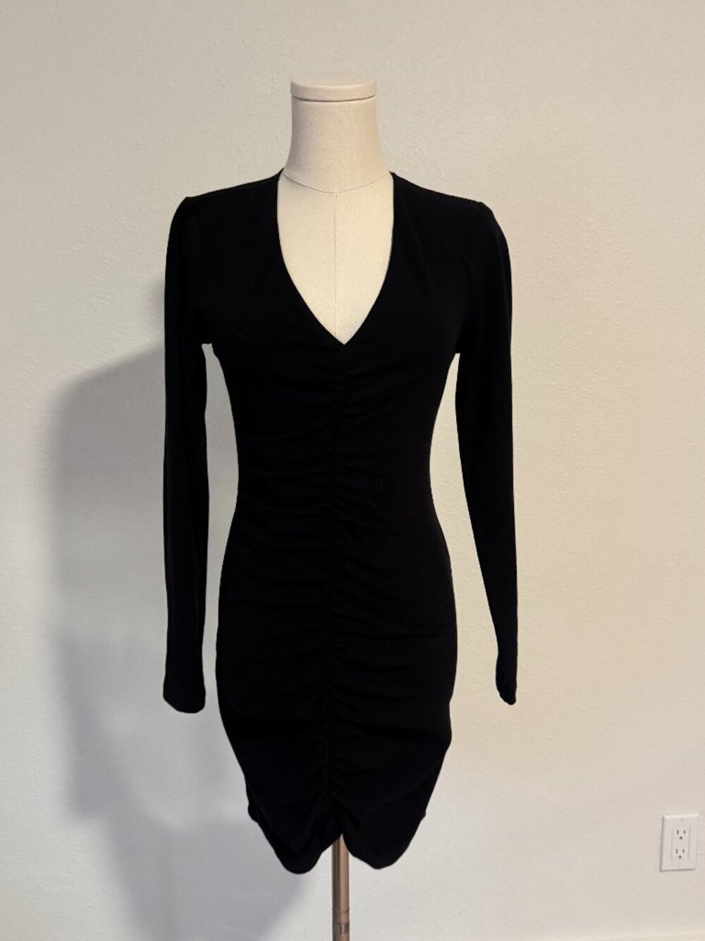 Reformation Black Ruched V Neck Long Sleeve Mini Dress Size S
